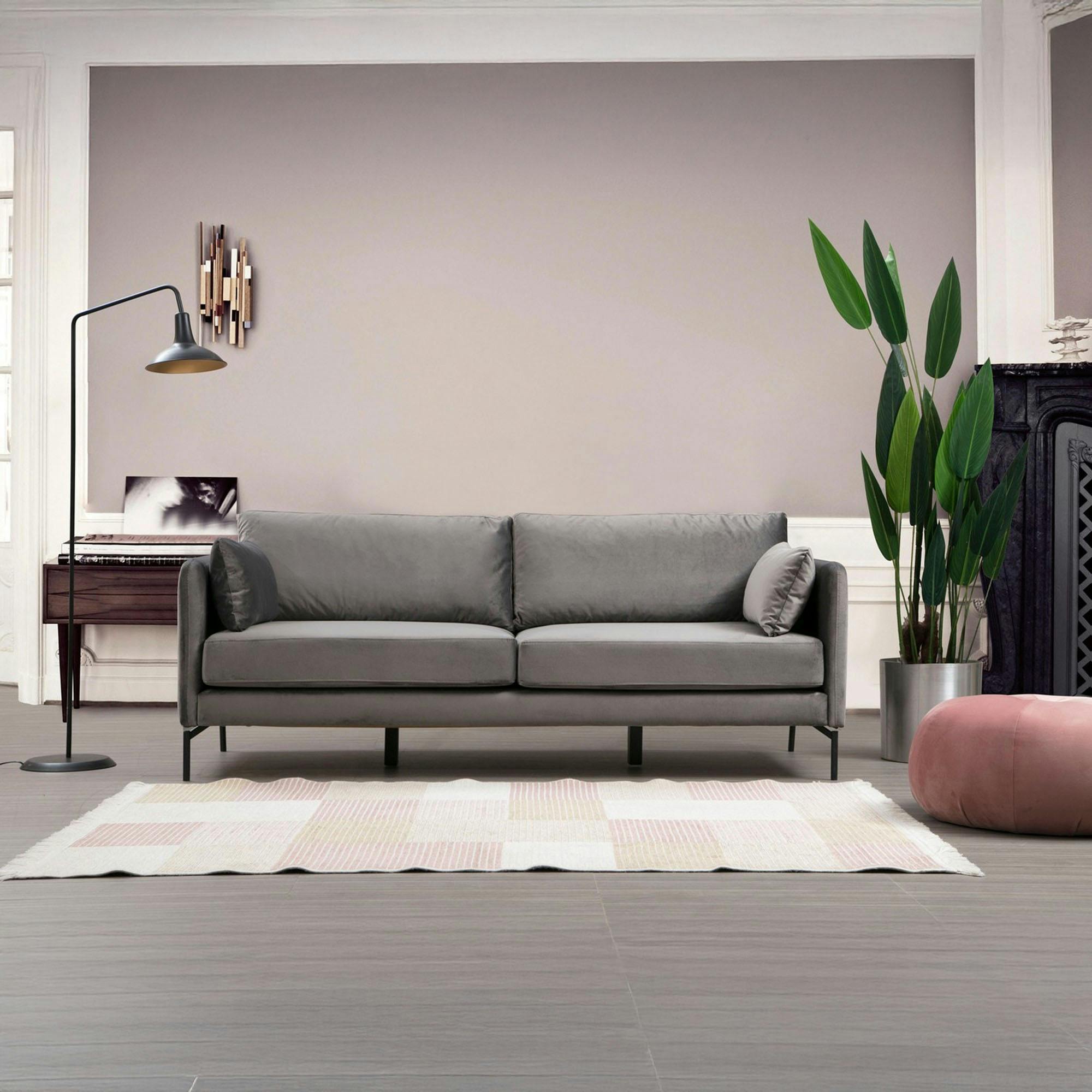 Canapé en velours 3 places gris, accoudoirs fins RANCHI