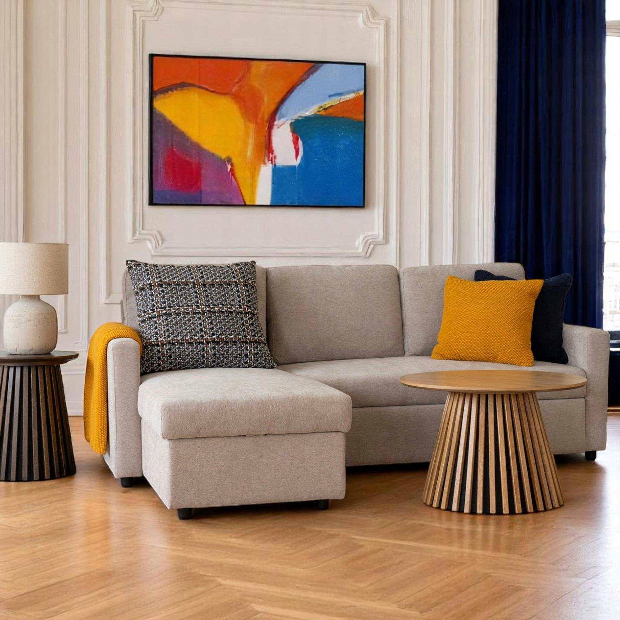 Canapé-lit 3 places beige avec méridienne coffre BERLIN