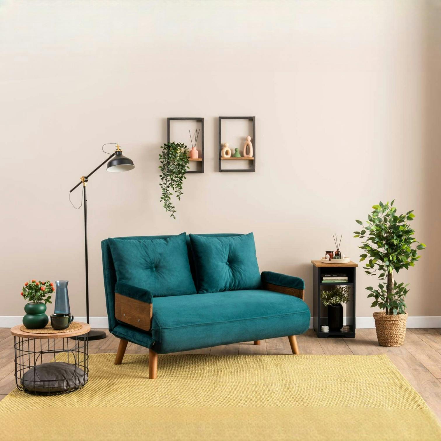 Canapé-lit d'appoint en velours bleu lagon, 2 places LOJA