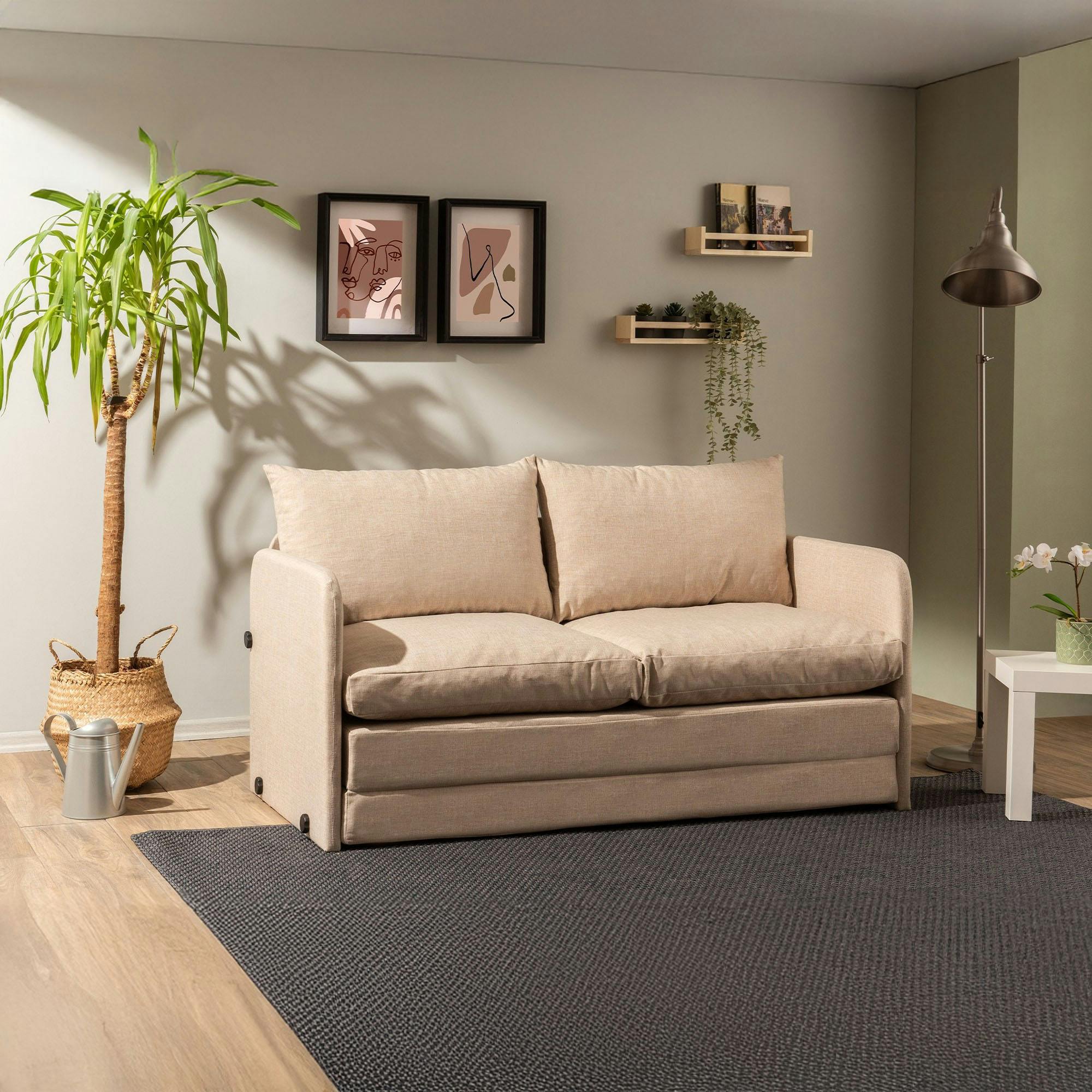 Canapé-lit en lin beige, 2 personnes 140 cm ORURO
