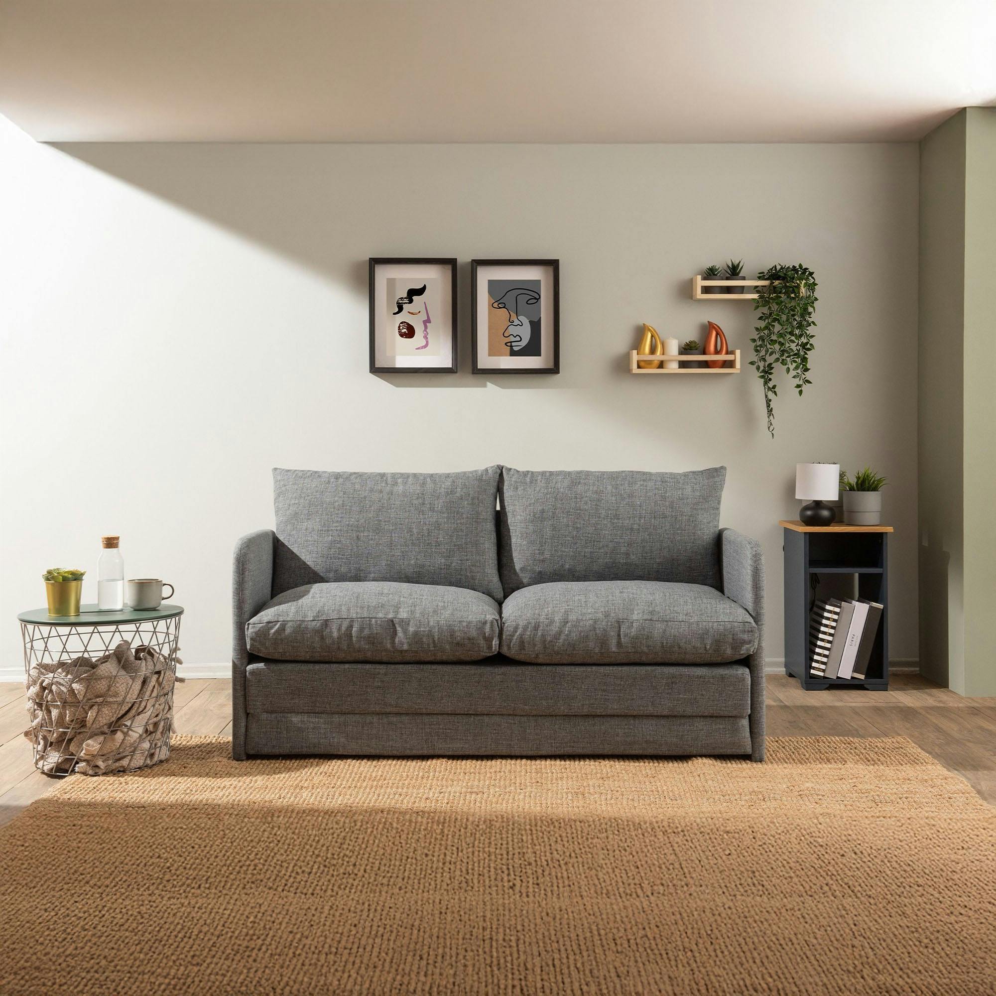 Canapé-lit en lin gris chiné, 2 personnes 140 cm ORURO