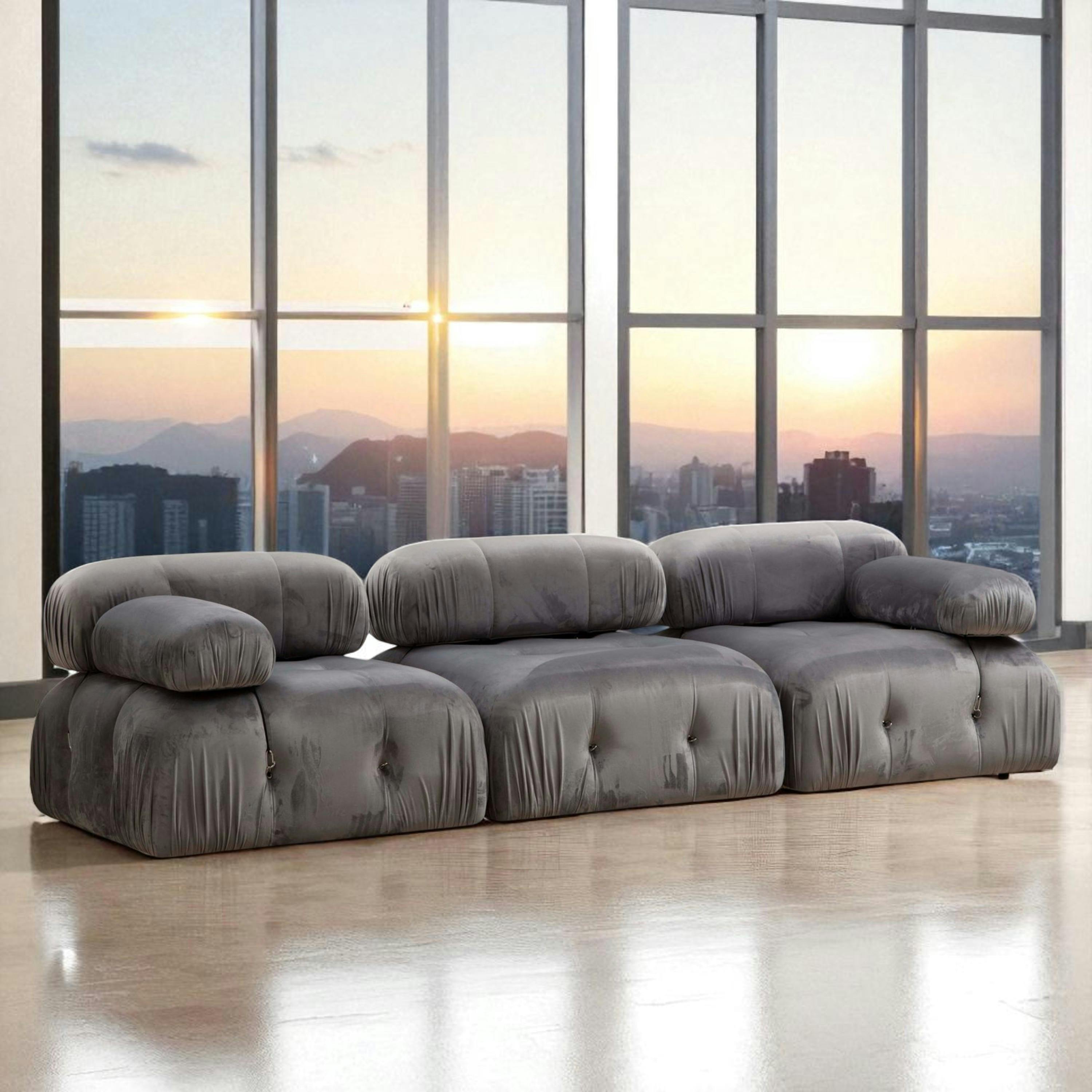 Canapé modulable 3 places, tissu gris velours RONDA