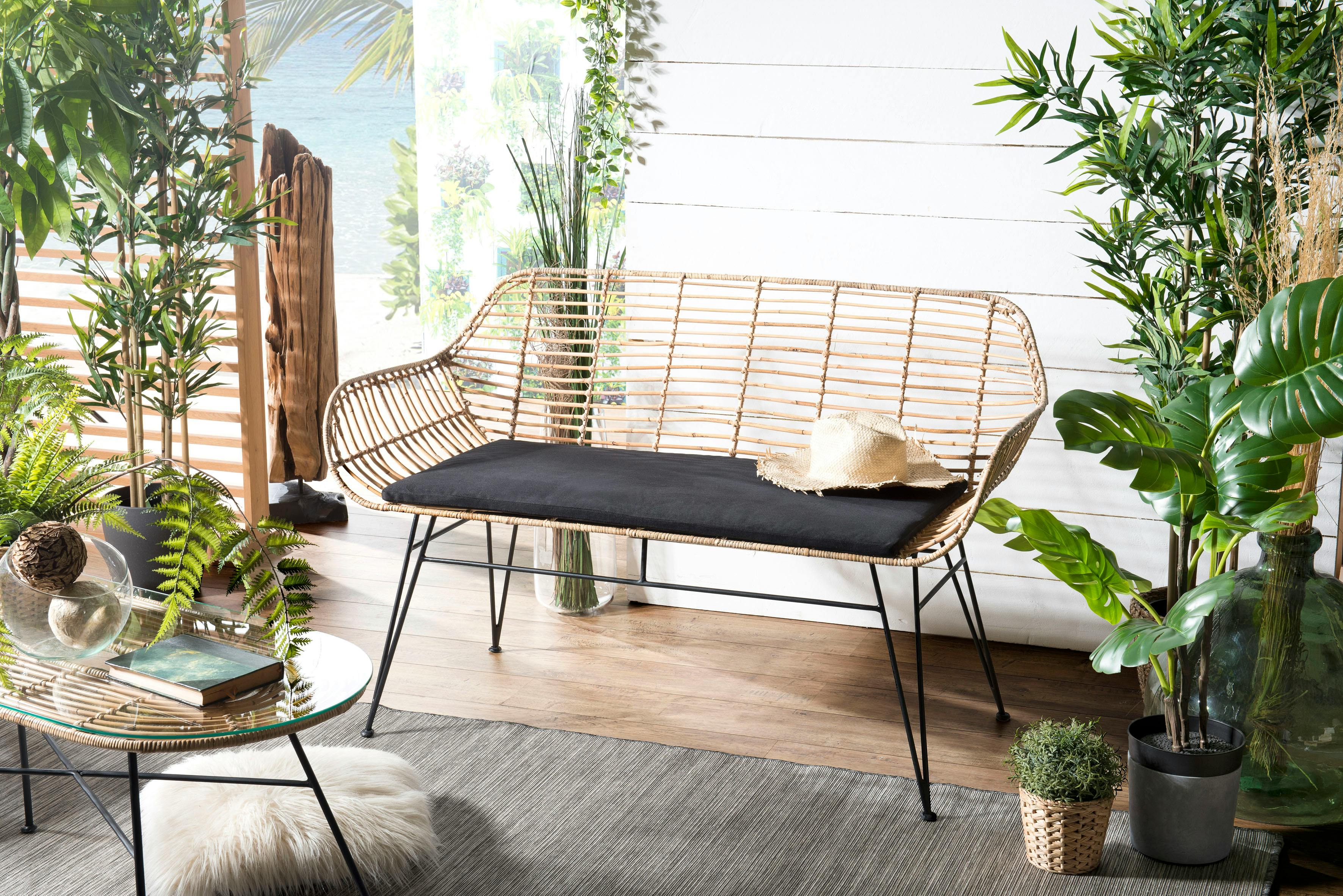 Canapé rotin 2 places accoudoirs coussin noir SUMBA