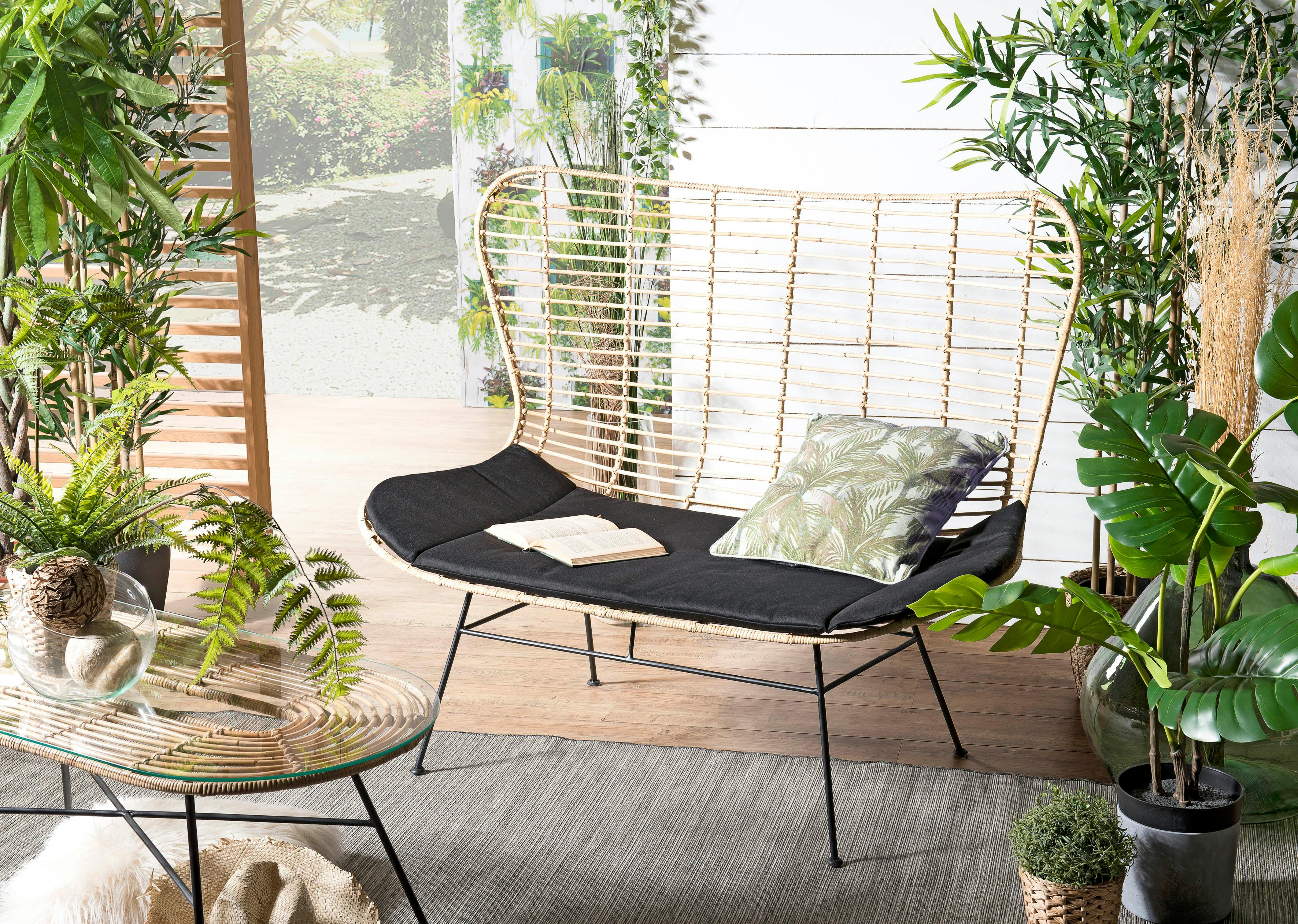 Canapé rotin 2 places coussin noir SUMBA