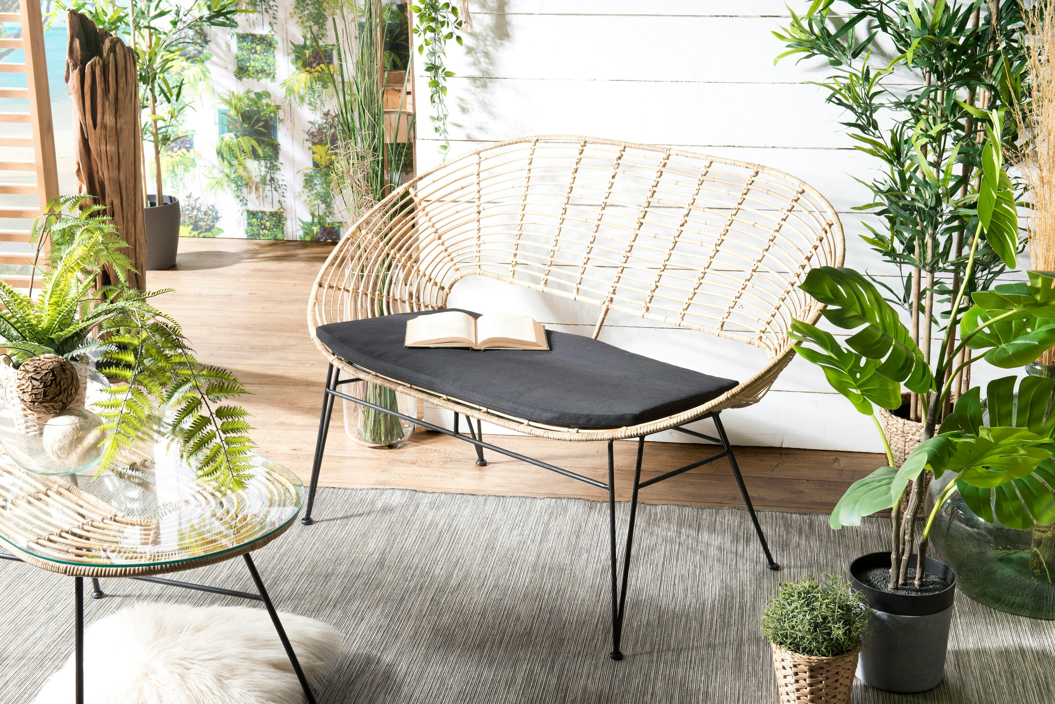 Canapé rotin 2 places ovale coussin noir SUMBA