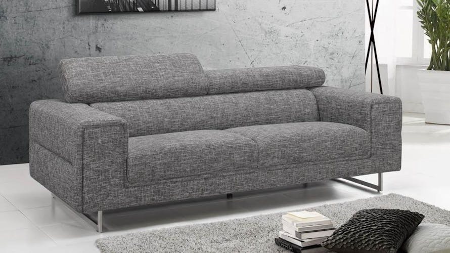 Canapé tapissier 3 places tissu gris chiné et pieds acier chromé 223,5x99,5x83,5cm STREET