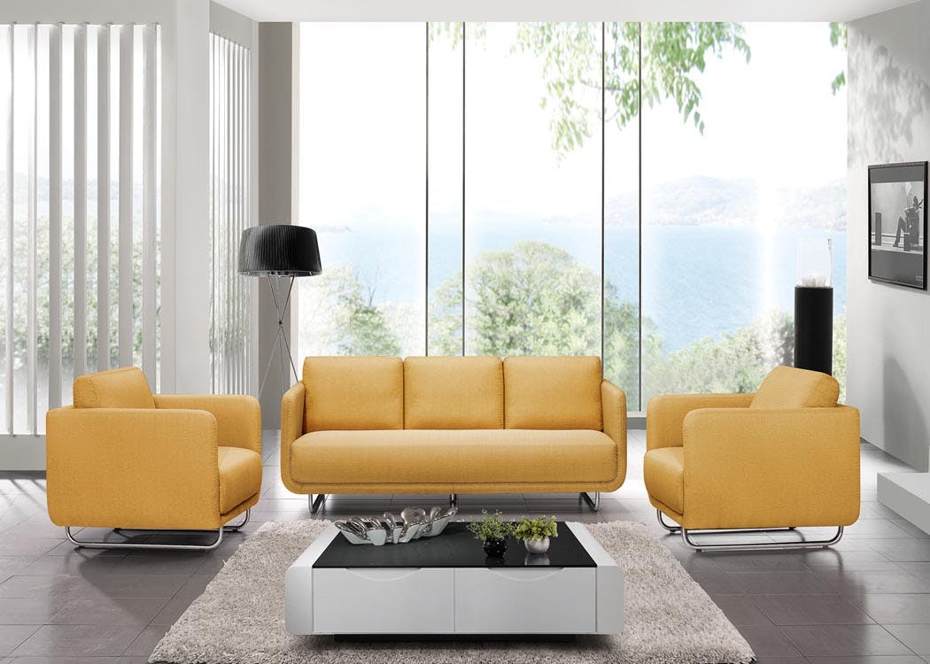 Canapé tapissier 3 places tissu jaune et pieds acier chromé 197,5x88x83cm RUN