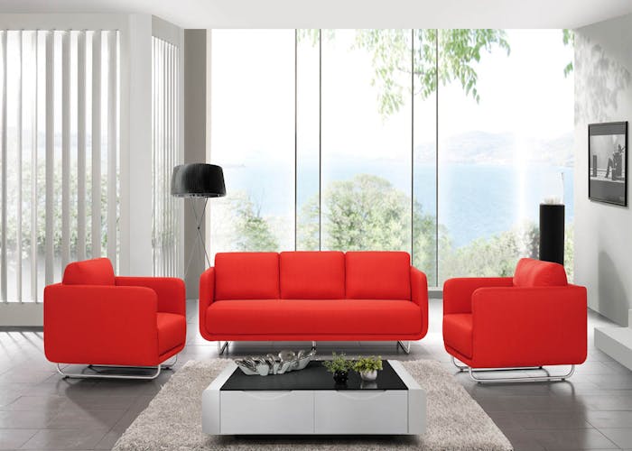 Canapé tapissier 3 places tissu rouge et pieds acier chromé 197,5x88x83cm RUN