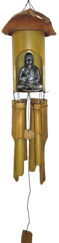 Carillon en bambou surmonté d'un bouddha Thai couleur argentée dans sa maison 55x14cm