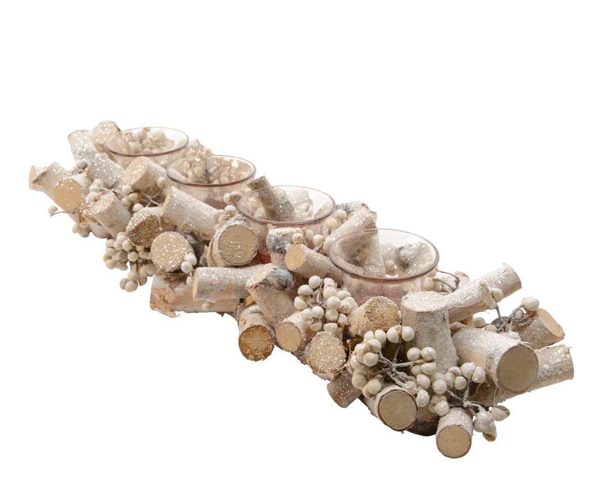Centre de table avec photophores bois et baies tons neutres 9x9x48cm