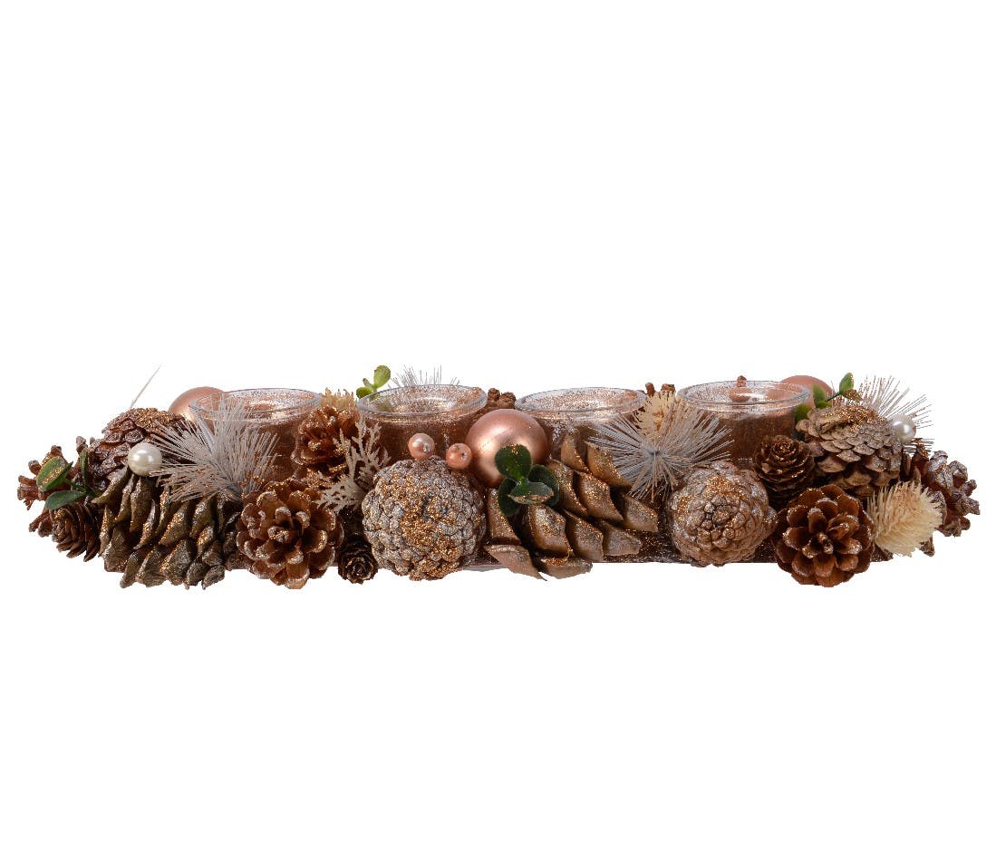 Centre de table de Noël rose chaud et brun avec bougeoirs en verre