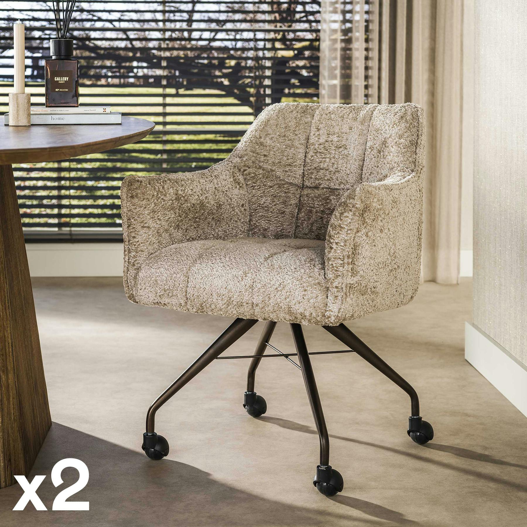 Chaise à roulettes sable tissu bouclette pied bronze (lot de 2) MELBOURNE