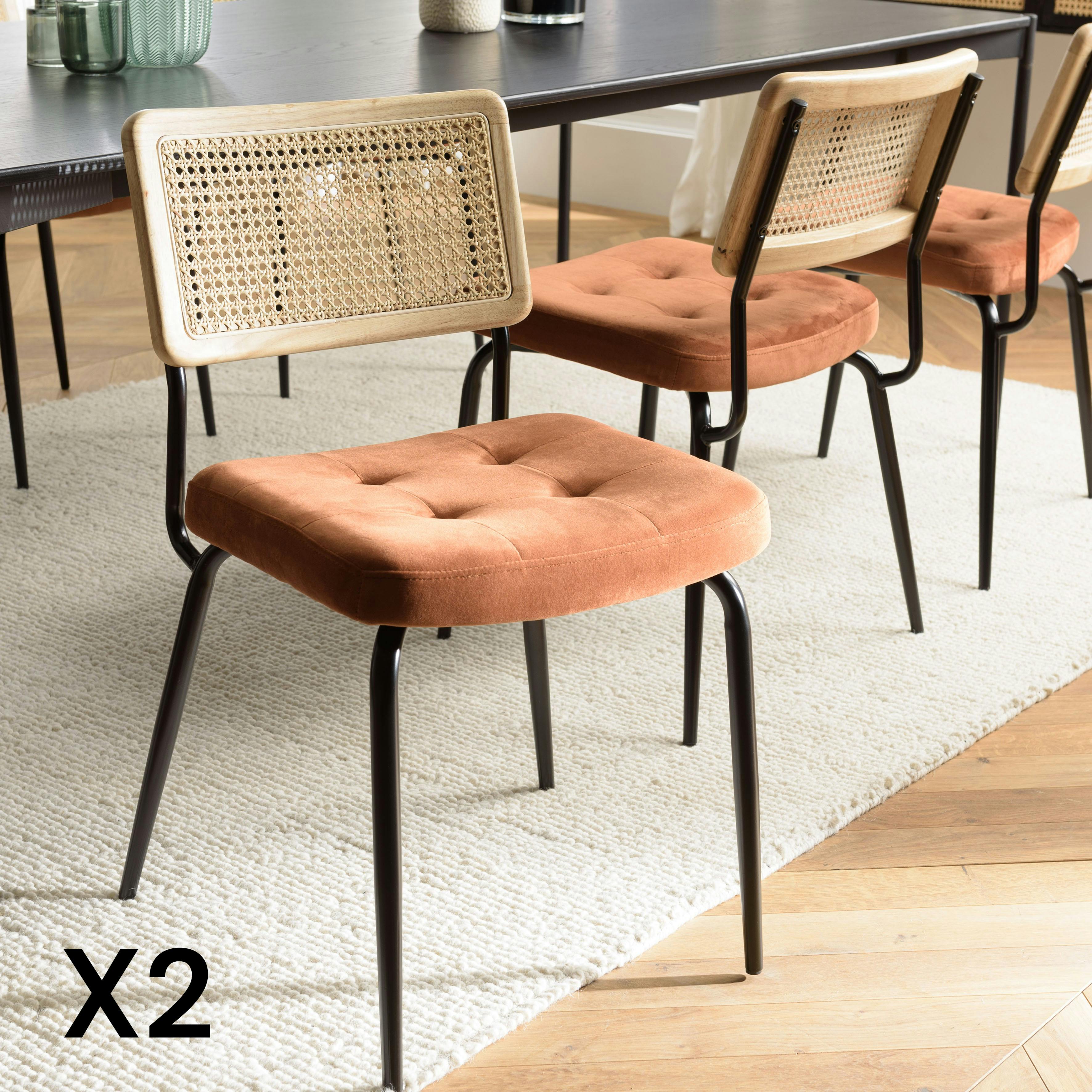 Chaise assise velours orange capitonné dossier cannage (lot de 2) TIM
