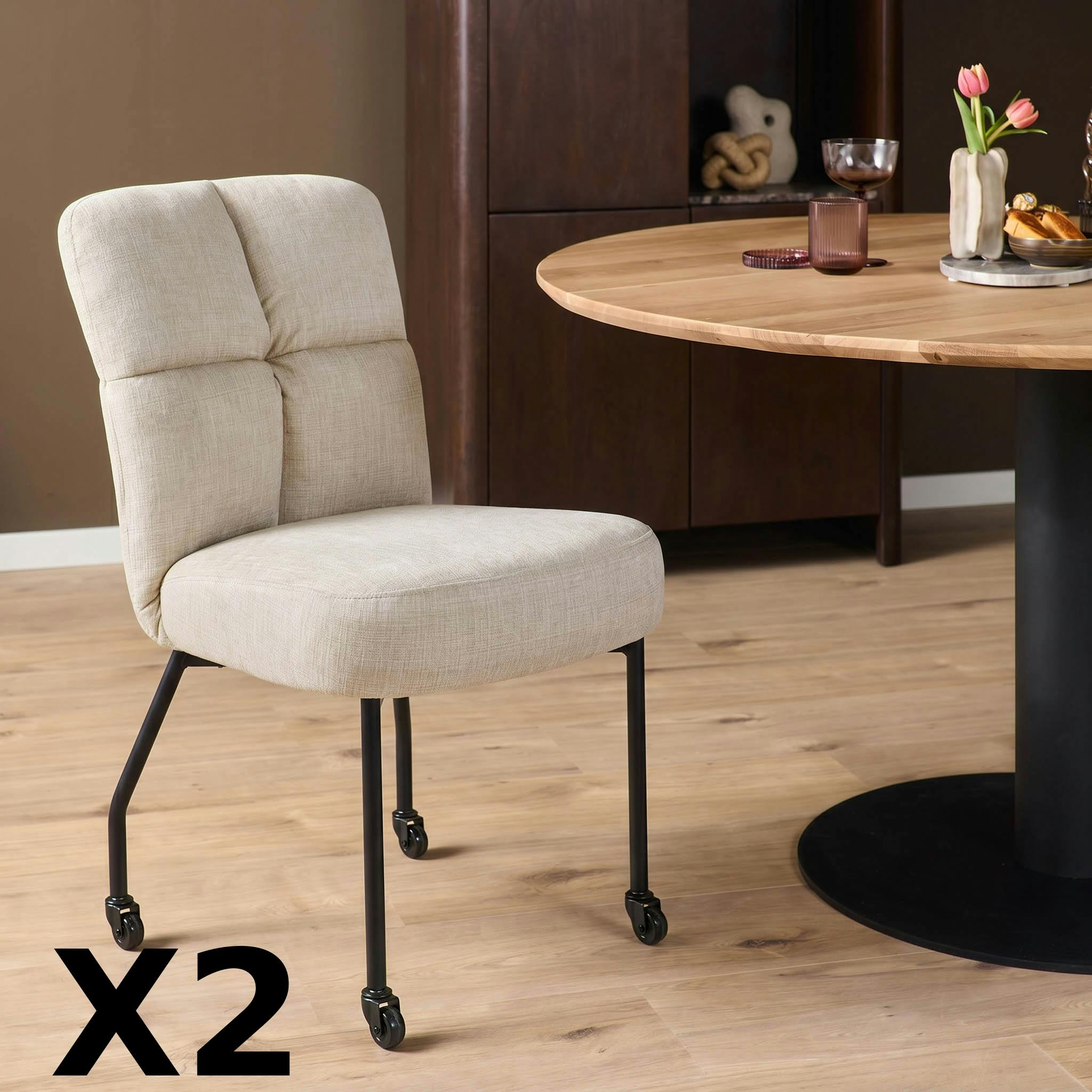 Chaise beige tissu damier et roulettes (x2) KASO