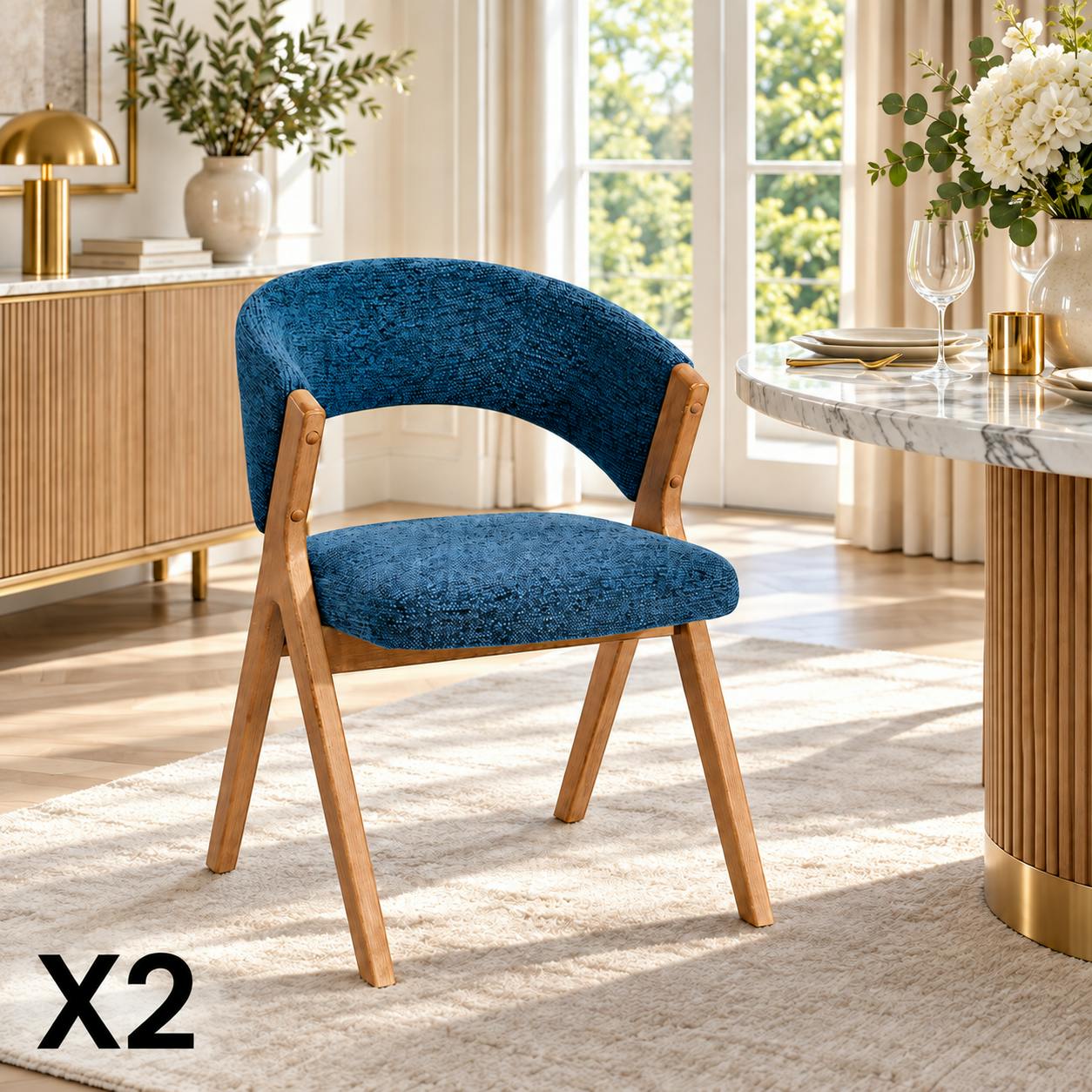 Chaise bleue bois et tissu, forme ronde (lot de 2) AGADE