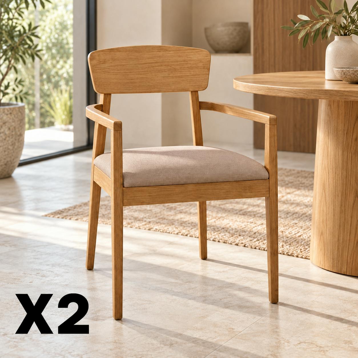 Chaise bois clair et tissu beige à accoudoirs (lot de 2) ORBE