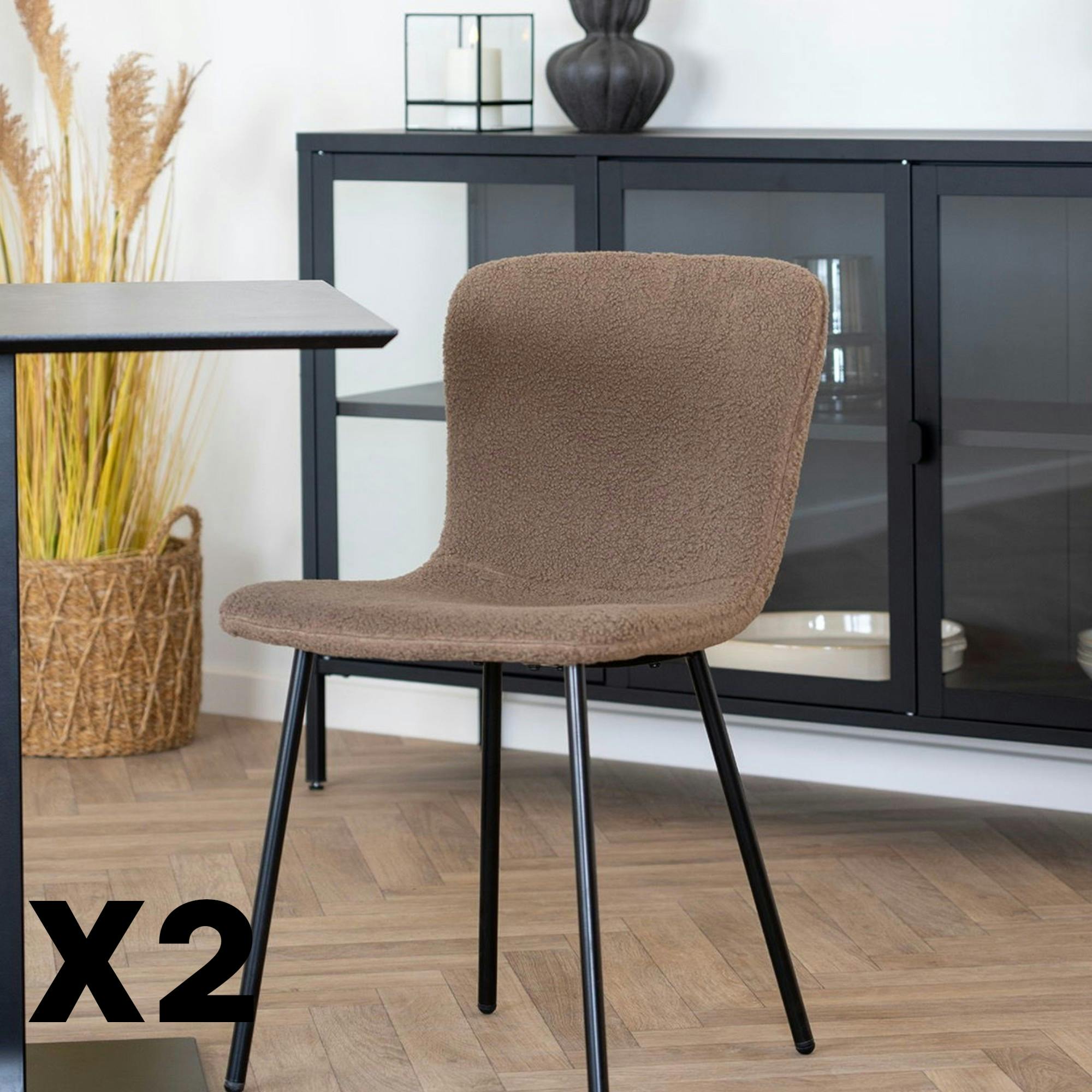 Chaise bouclette marron pieds métal noir (lot de 2) LOTA