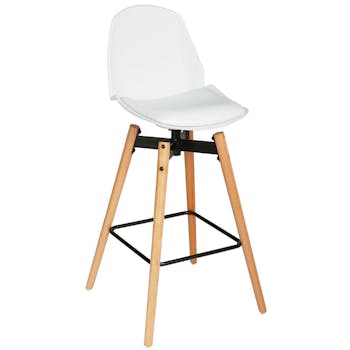 Chaise de Bar assise en PU blanc et pieds bois naturel avec support pieds 50x50xH104,5cm