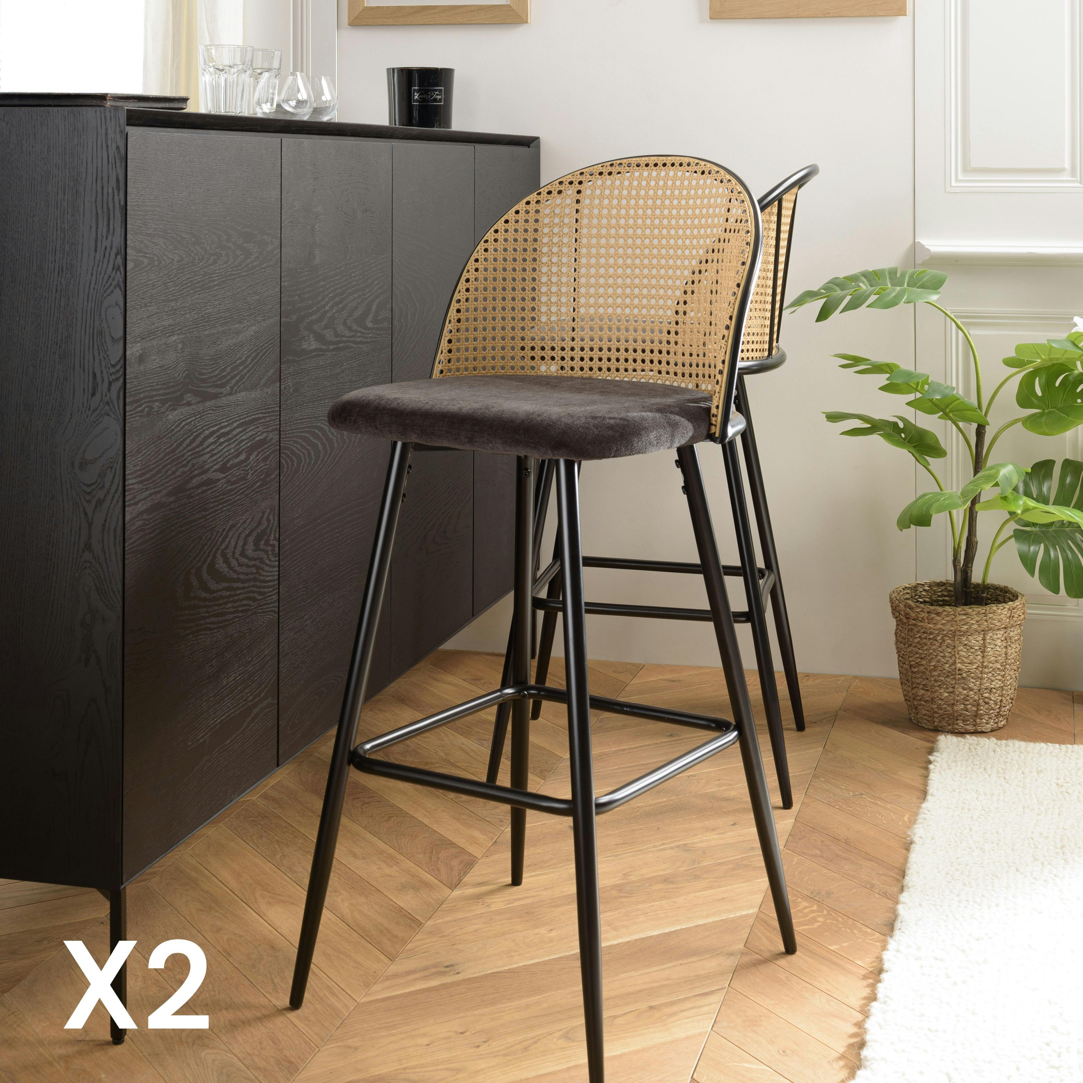 Chaise de bar assise velours noir dossier rotin arrondi (lot de 2) LOANO