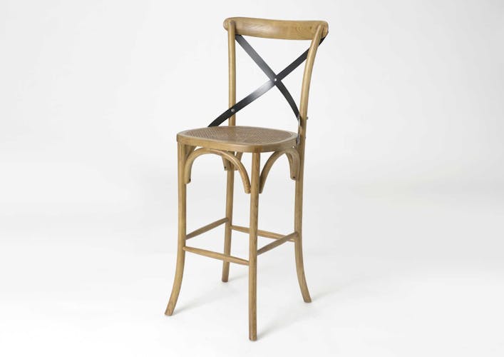 Chaise haute de bar en bois et cannage de style bistrot