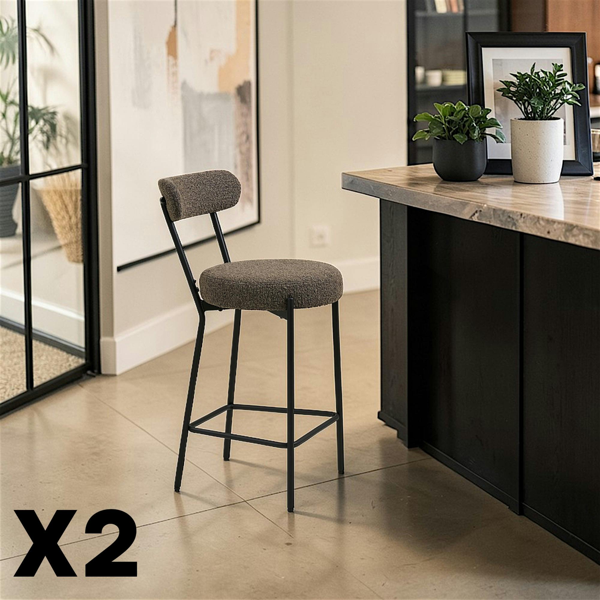 Chaise de bar en bouclette marron avec repose-pieds (lot de 2) BERLIN