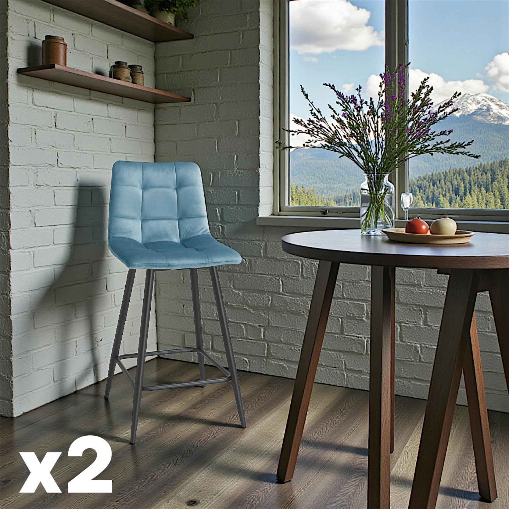 Chaise de bar en velours bleu motif carreaux (lot de 2) ALTA