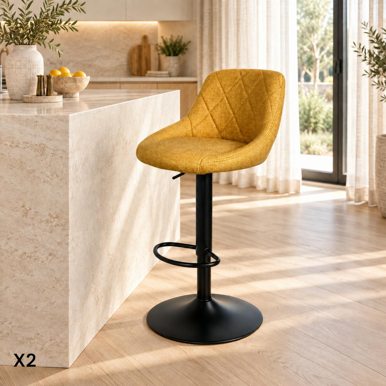 Chaise de bar hauteur réglable tissu moutarde (lot de 2) MALMOE