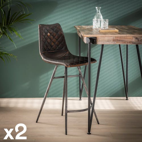 Chaise de bar industrielle piqure losange effet used brun (lot de 2) JAVA