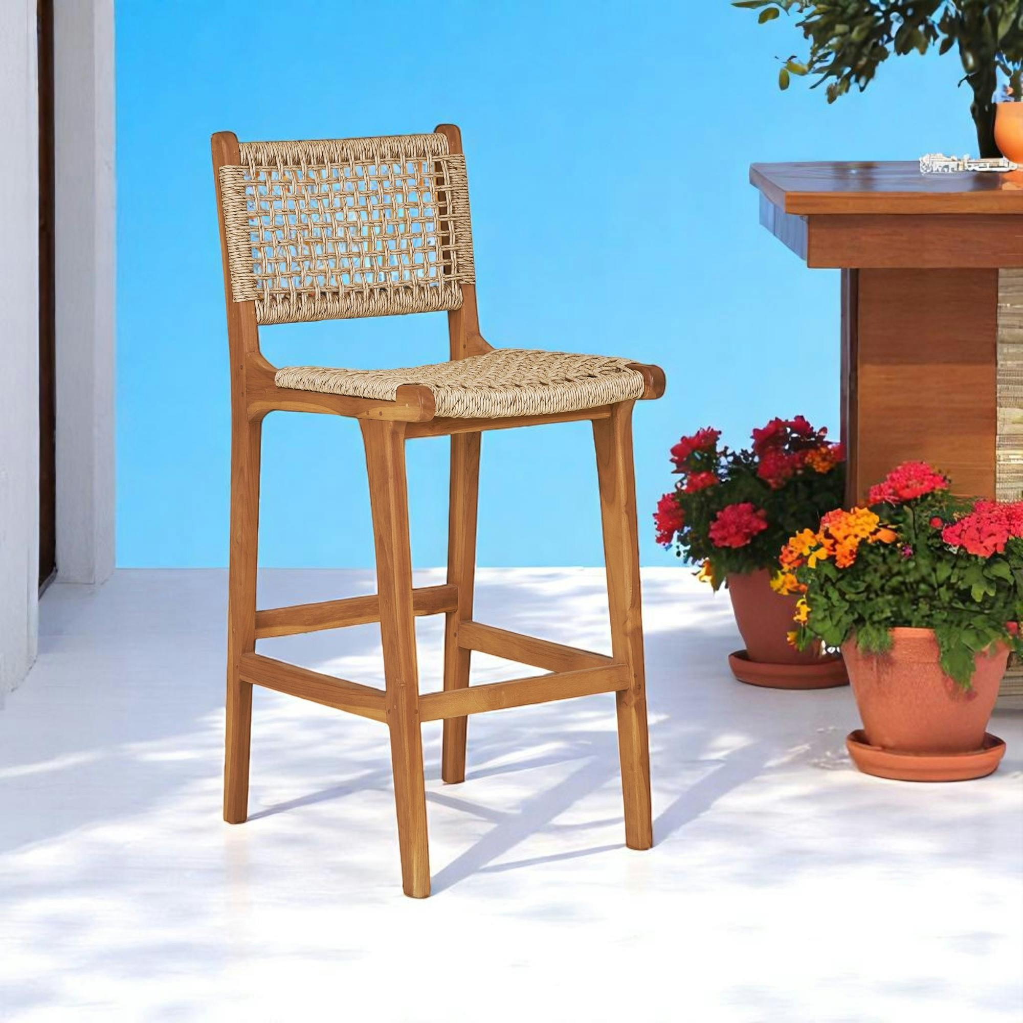 Chaise de bar jardin en teck et résine tressée MENDOZA