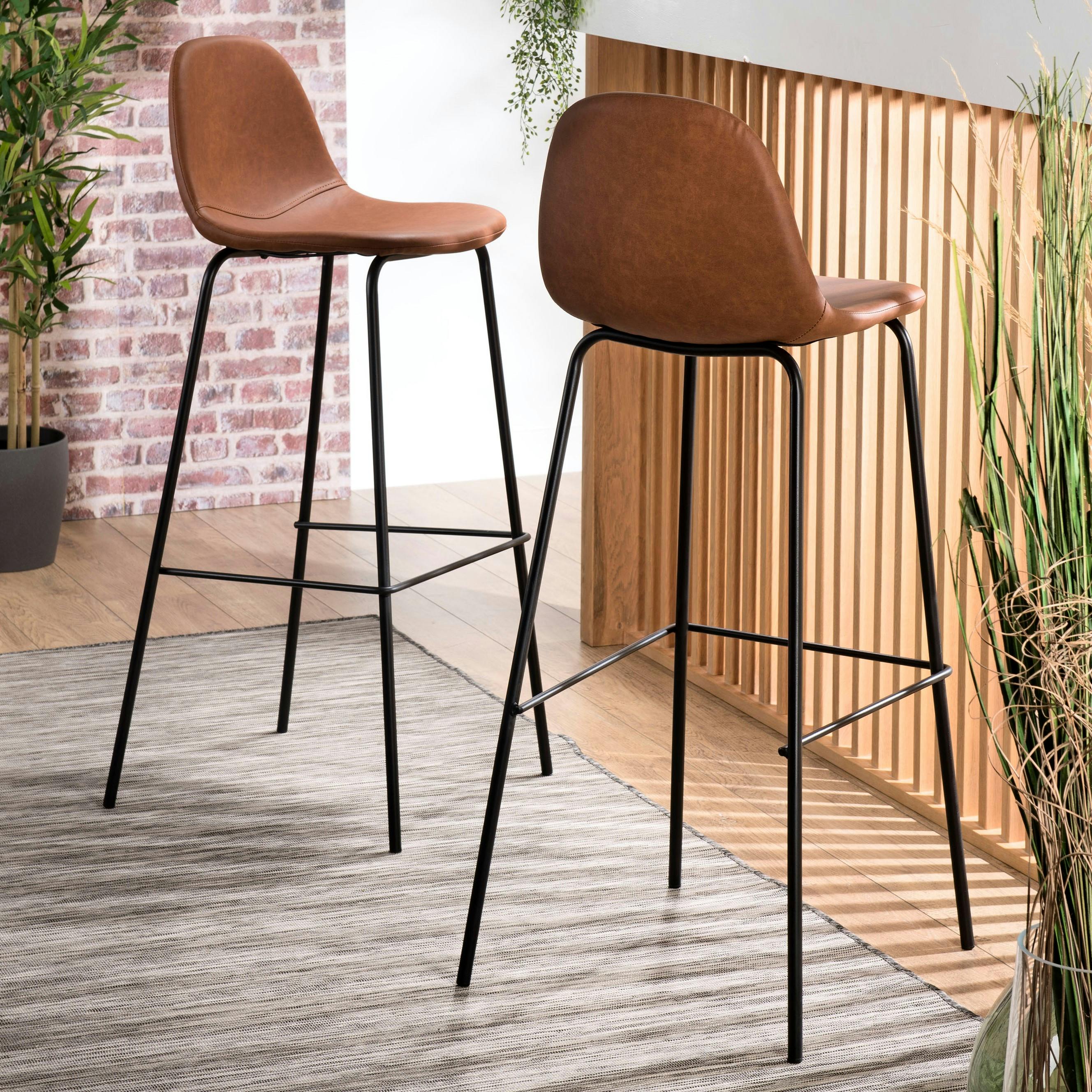 Chaise haute de bar avec dossier en simili marron pied metal style vintage