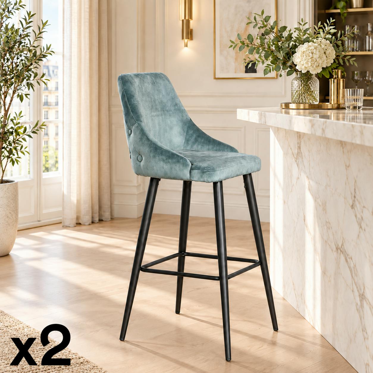 Chaise de bar velours bleu pétrole (lot de 2) MALMOE