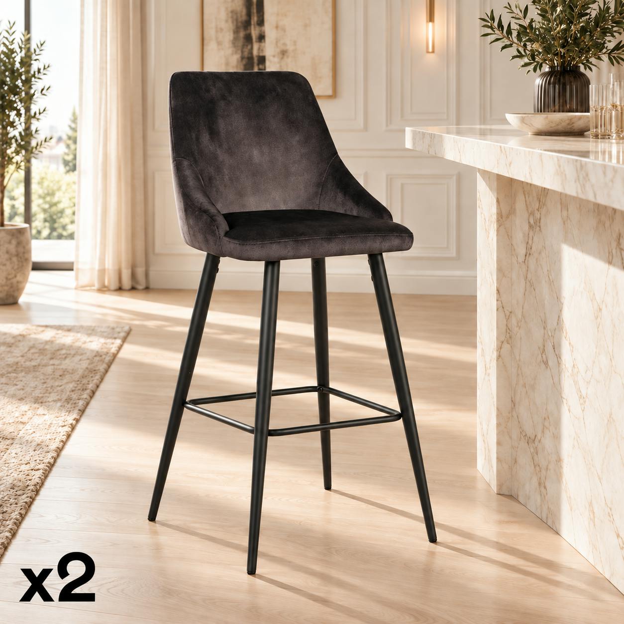 Chaise de bar velours gris anthracite (lot de 2) MALMOE