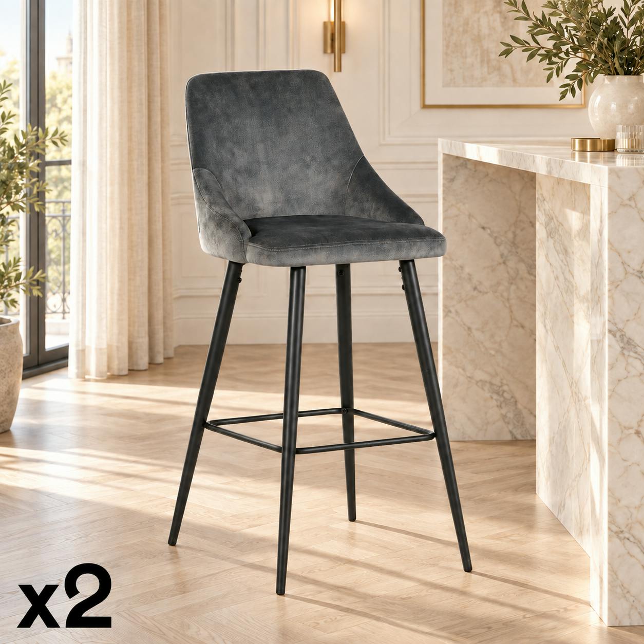 Chaise de bar velours gris (lot de 2) MALMOE
