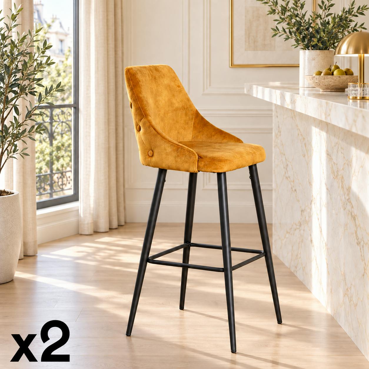 Chaise de bar velours ocre (lot de 2) MALMOE