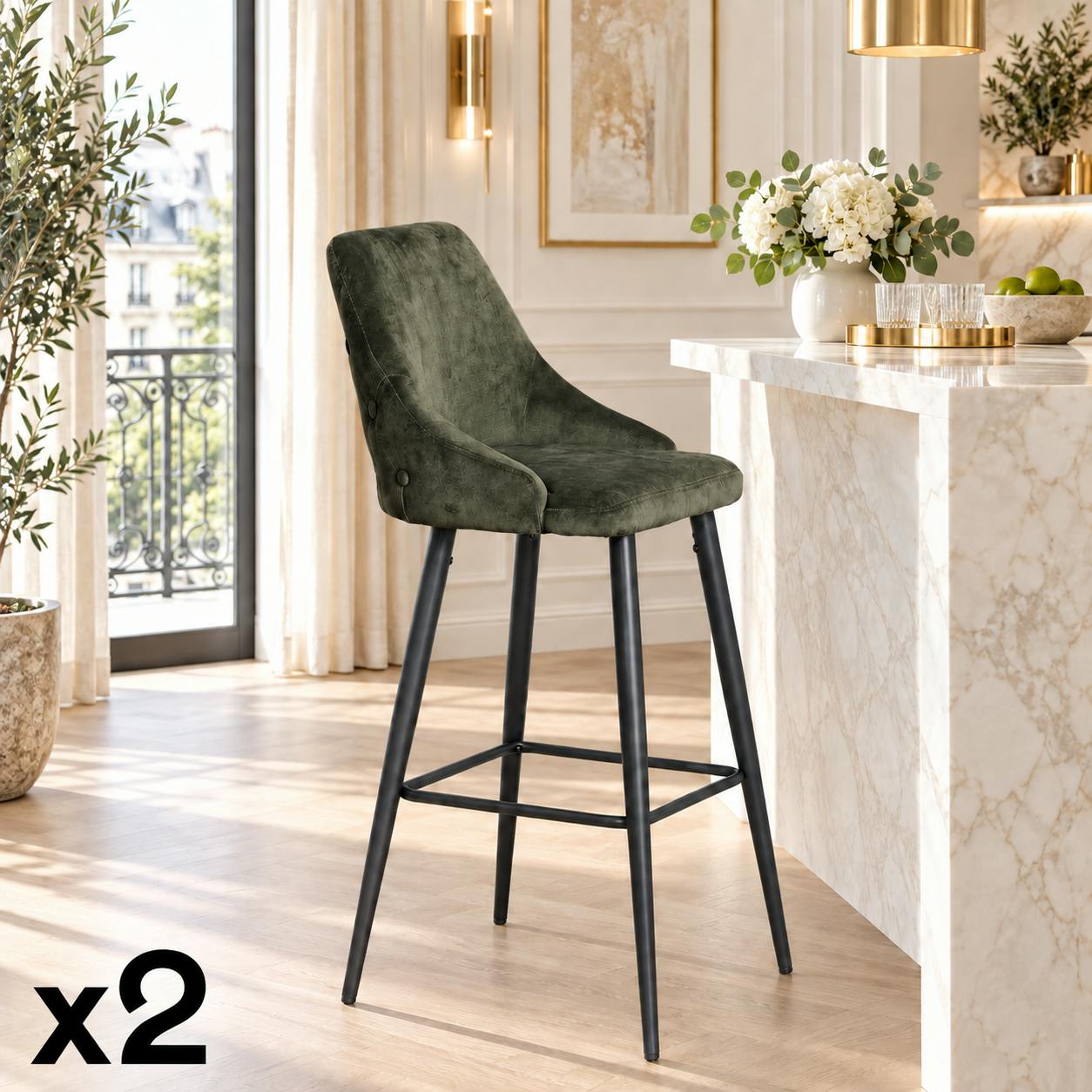 Chaise de bar velours vert kaki (lot de 2) MALMOE