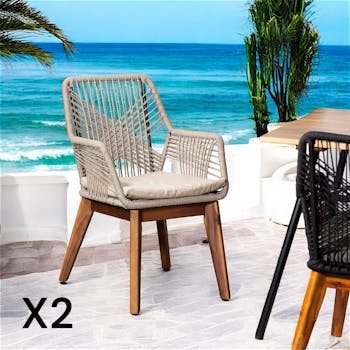 Chaise de jardin beige en corde tressée et pieds bois FSC® (lot de 2) GRENADE