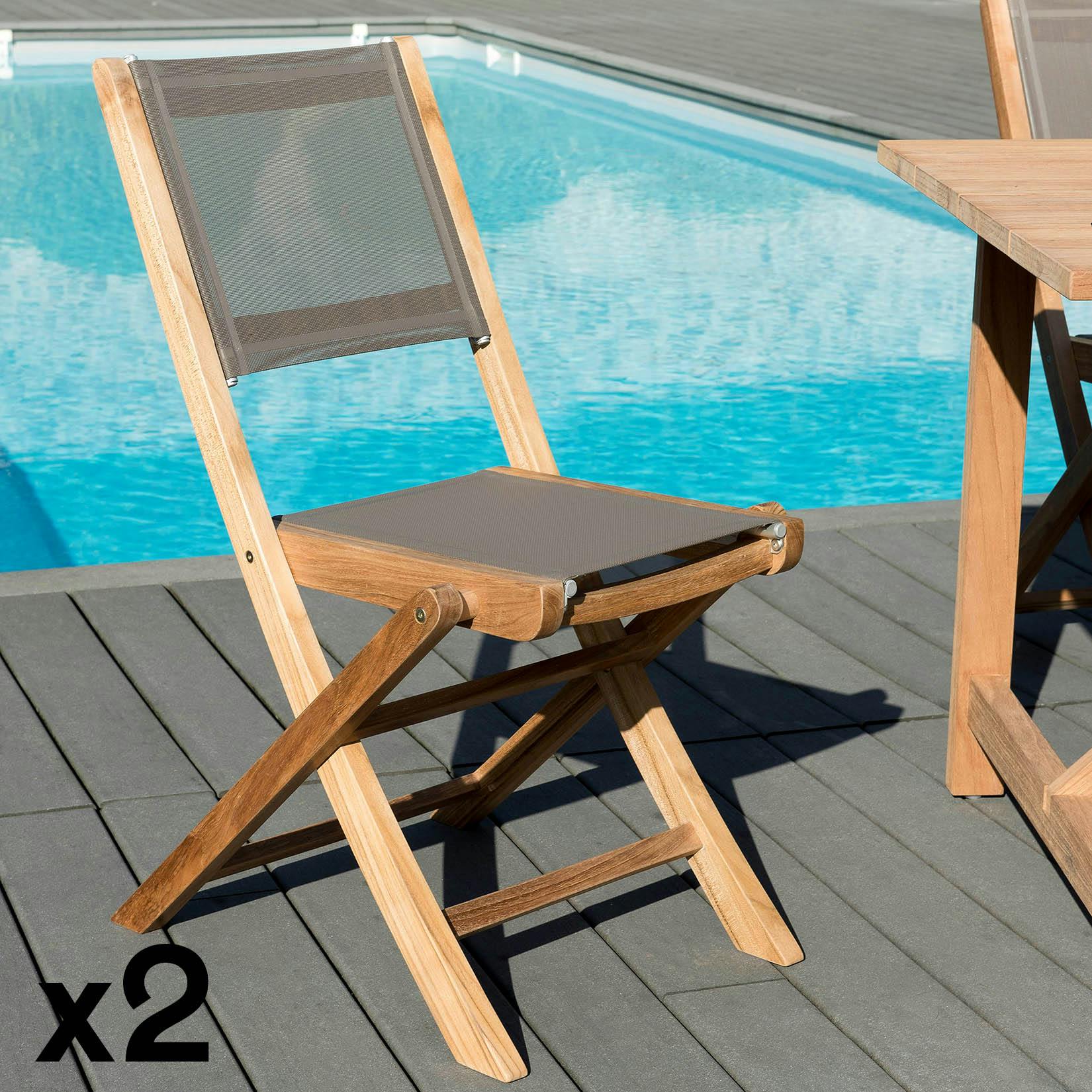 Chaise de Jardin pliante teck textilène taupe (lot de 2) SUMMER