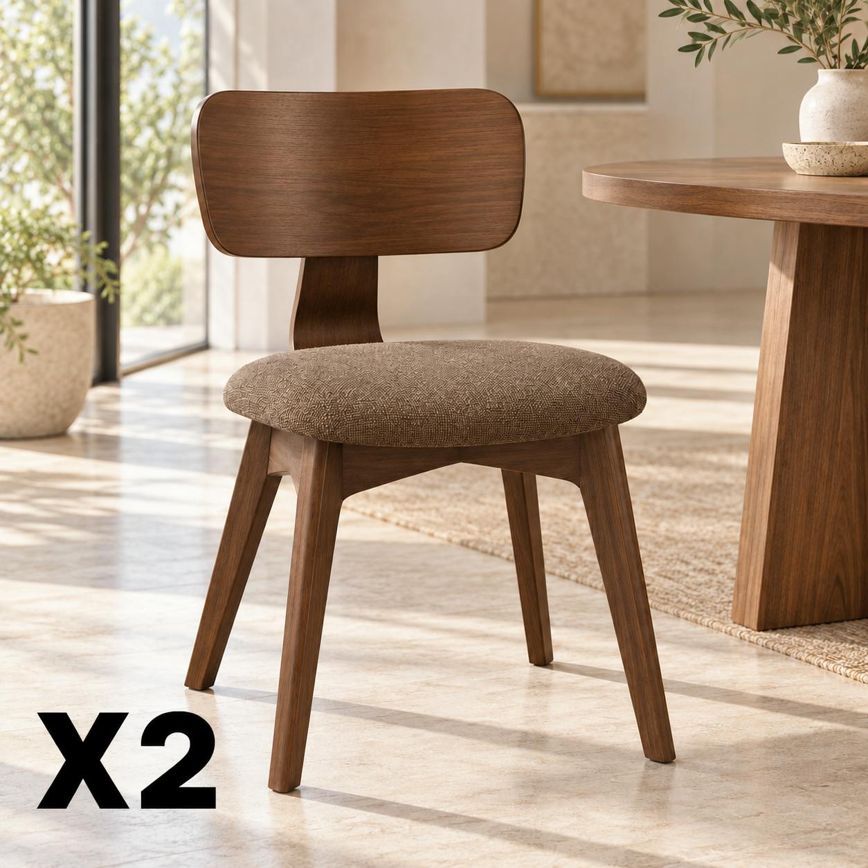 Chaise design bois et tissu marron (lot de 2) ORBE