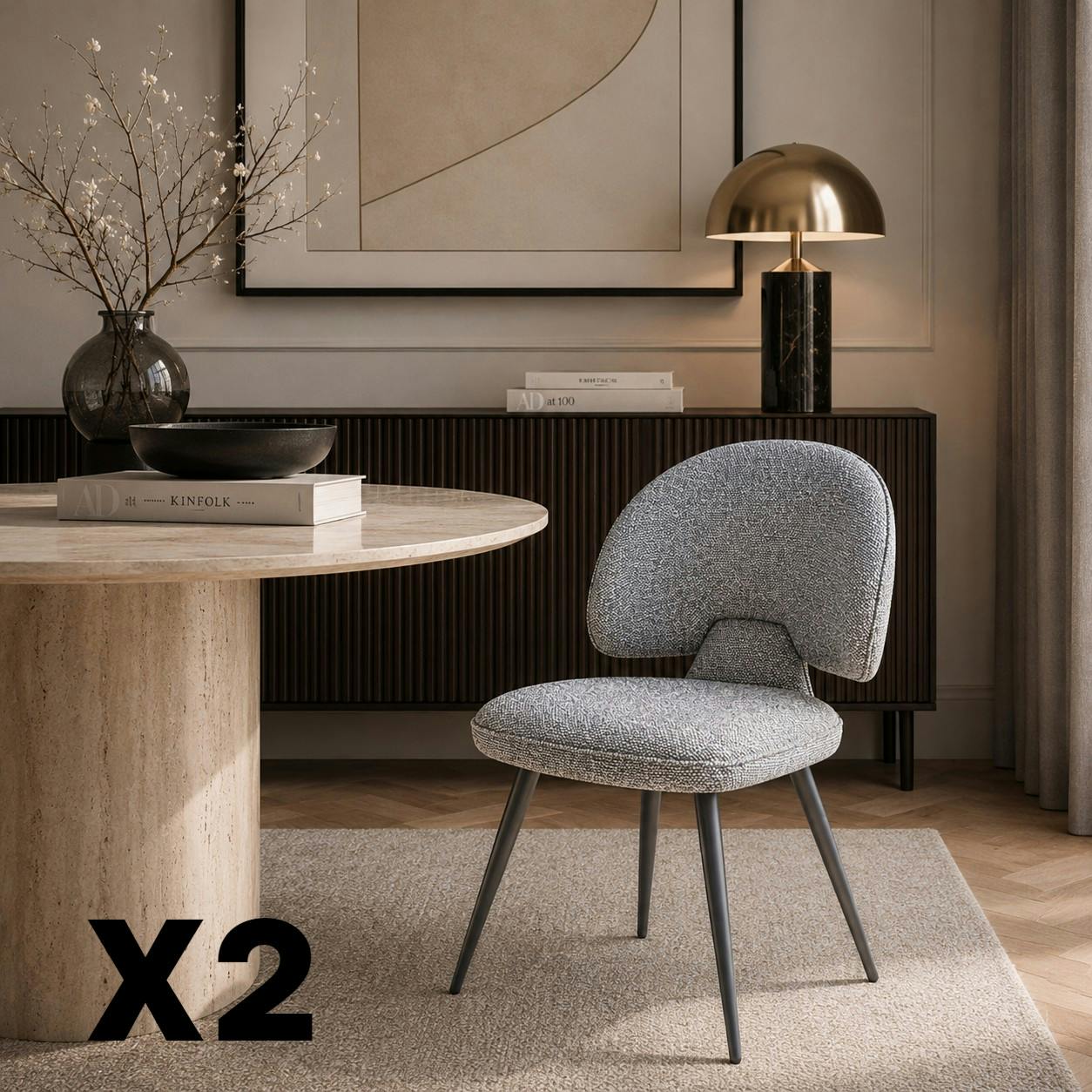 Chaise design tissu gris dossier arrondi (x2) LOMBARDIE