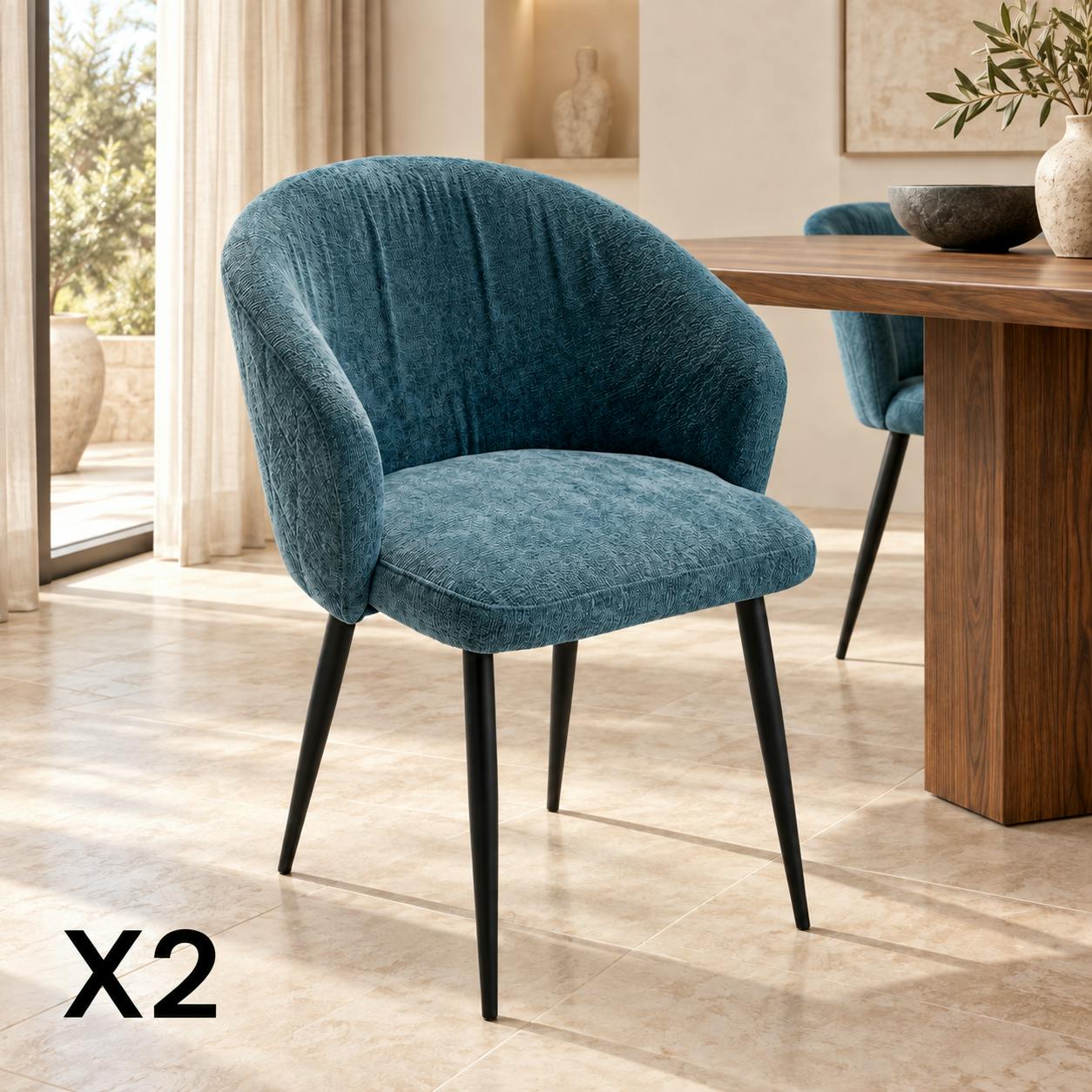 Chaise dossier rond tissu bleu (lot de 2) IENA