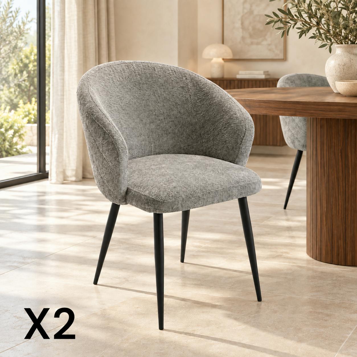 Chaise dossier rond tissu gris (lot de 2) IENA