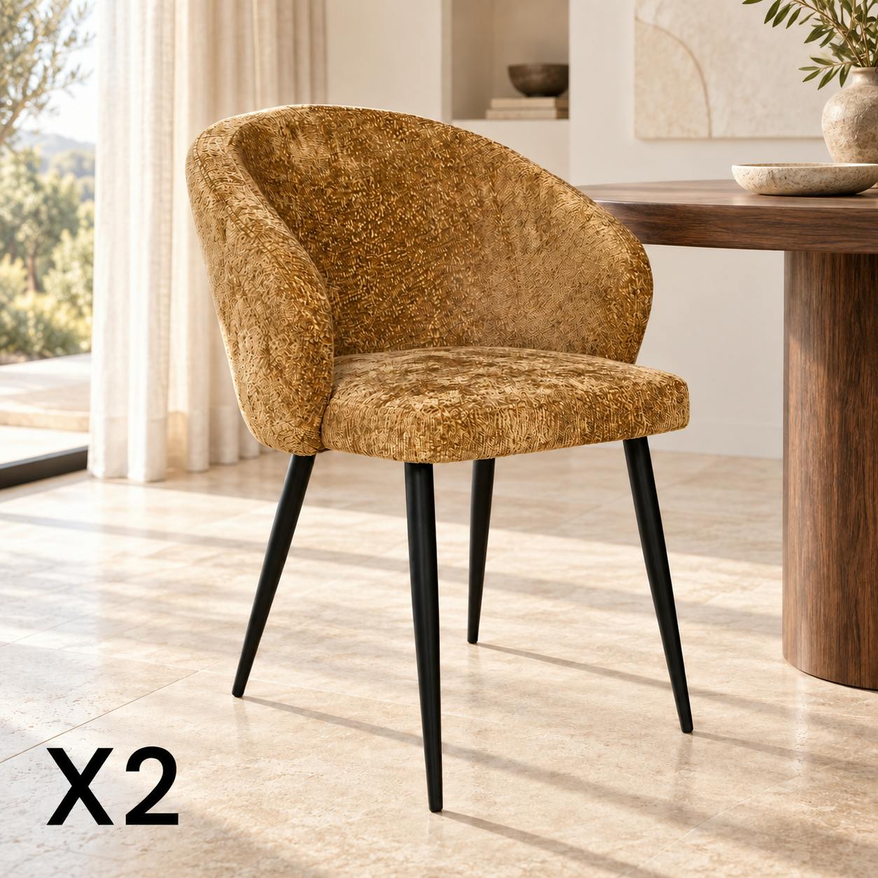 Chaise dossier rond tissu moutarde (lot de 2) IENA