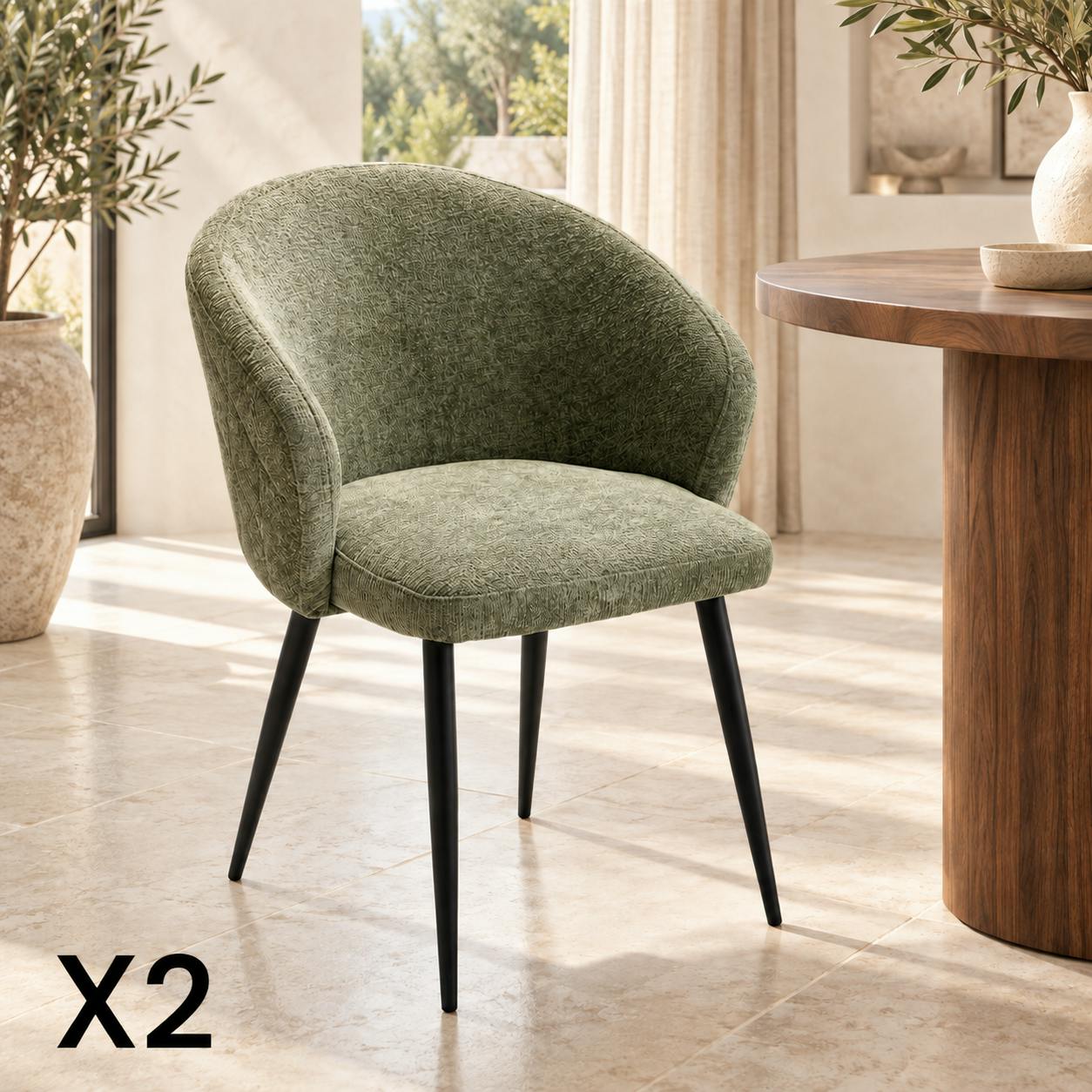 Chaise dossier rond tissu vert (lot de 2) IENA