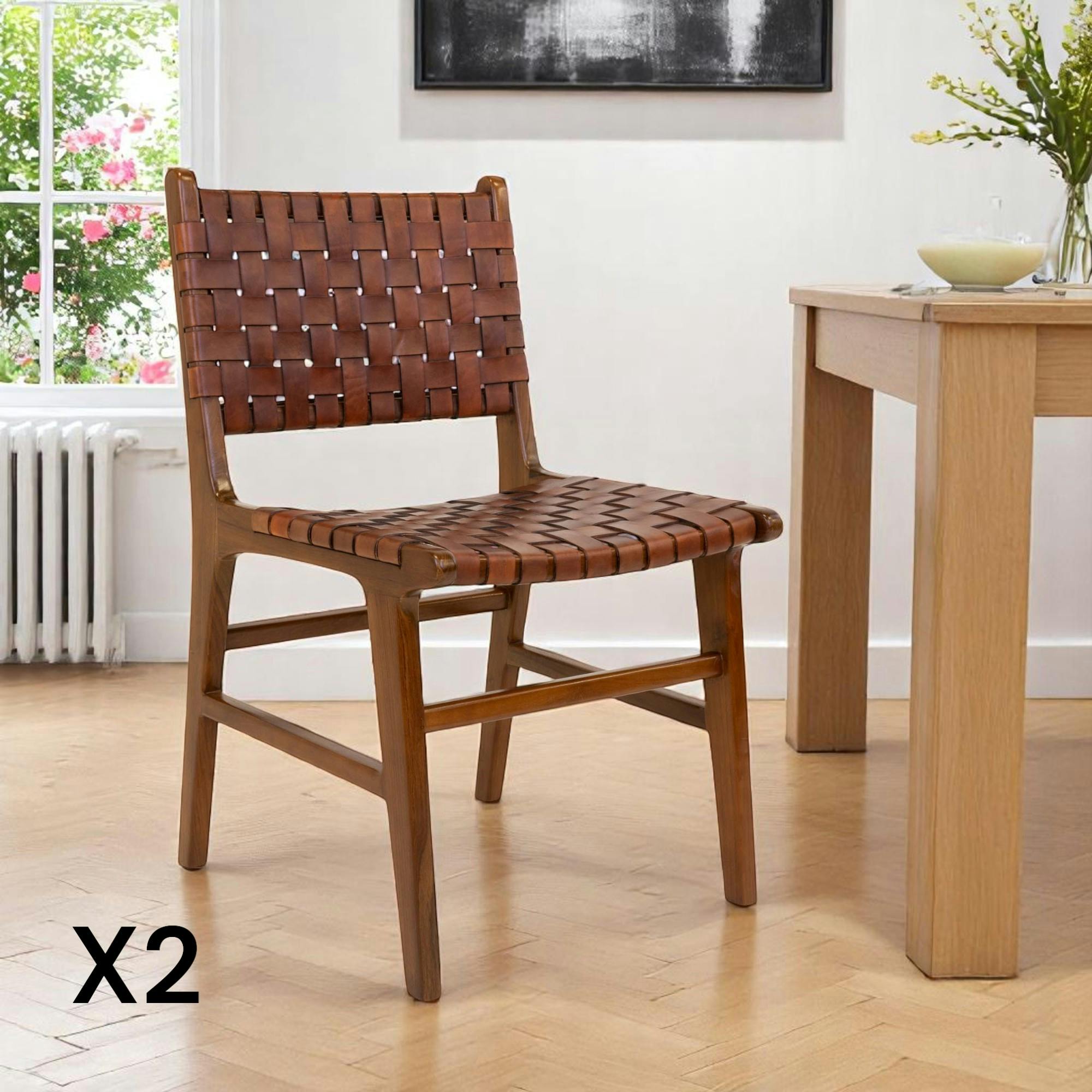 Chaise en bois et cuir tressé marron (lot de 2) MENDOZA