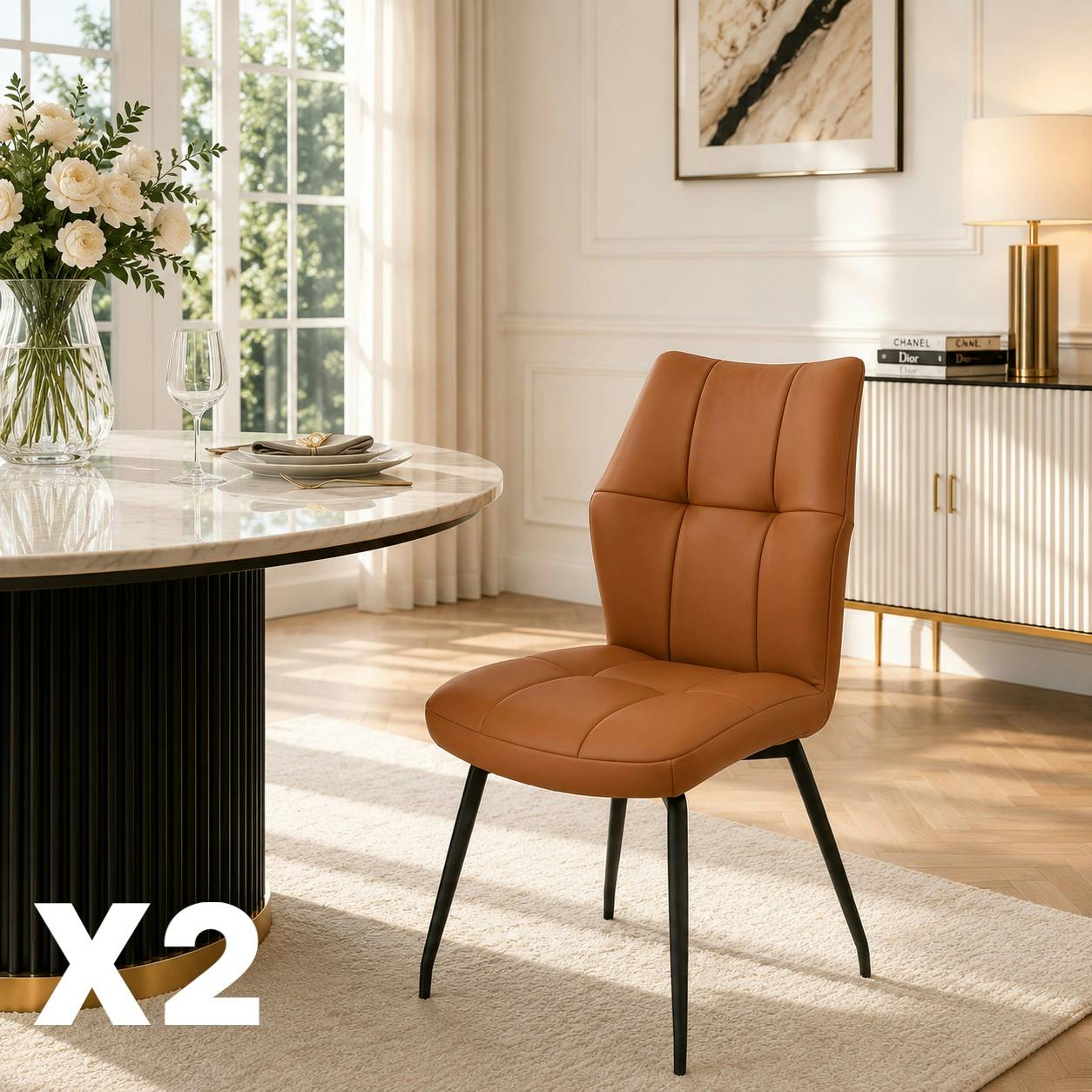 Chaise en cuir cognac design damier (lot de 2) LOMBARDIE