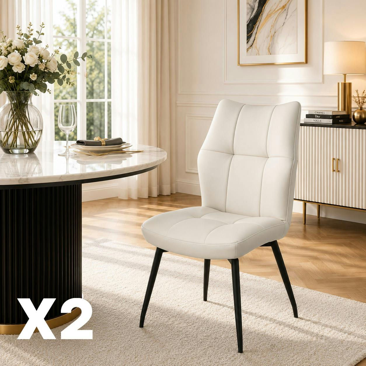 Chaise en cuir ivoire design damier (lot de 2) LOMBARDIE