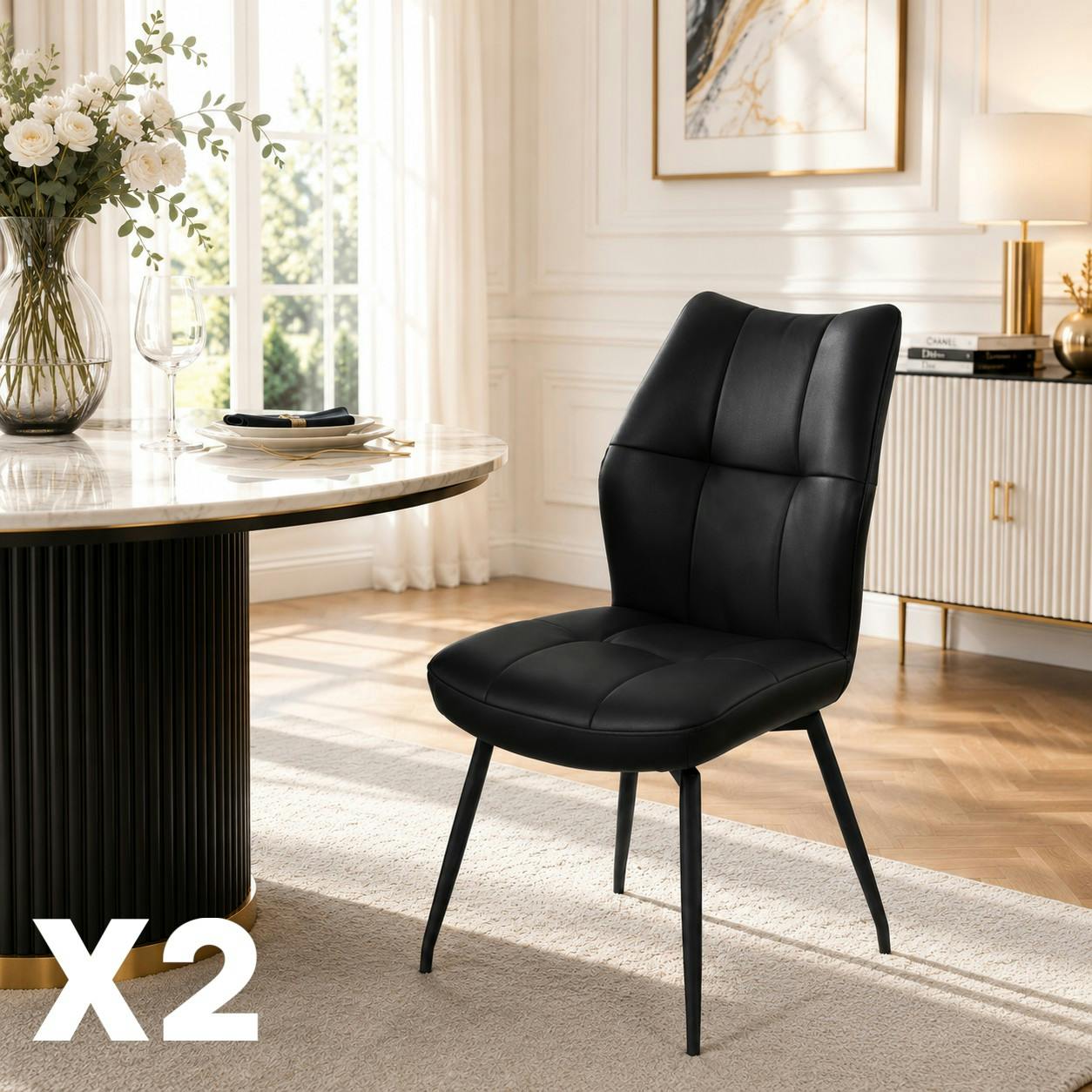 Chaise en cuir noir design damier (lot de 2) LOMBARDIE