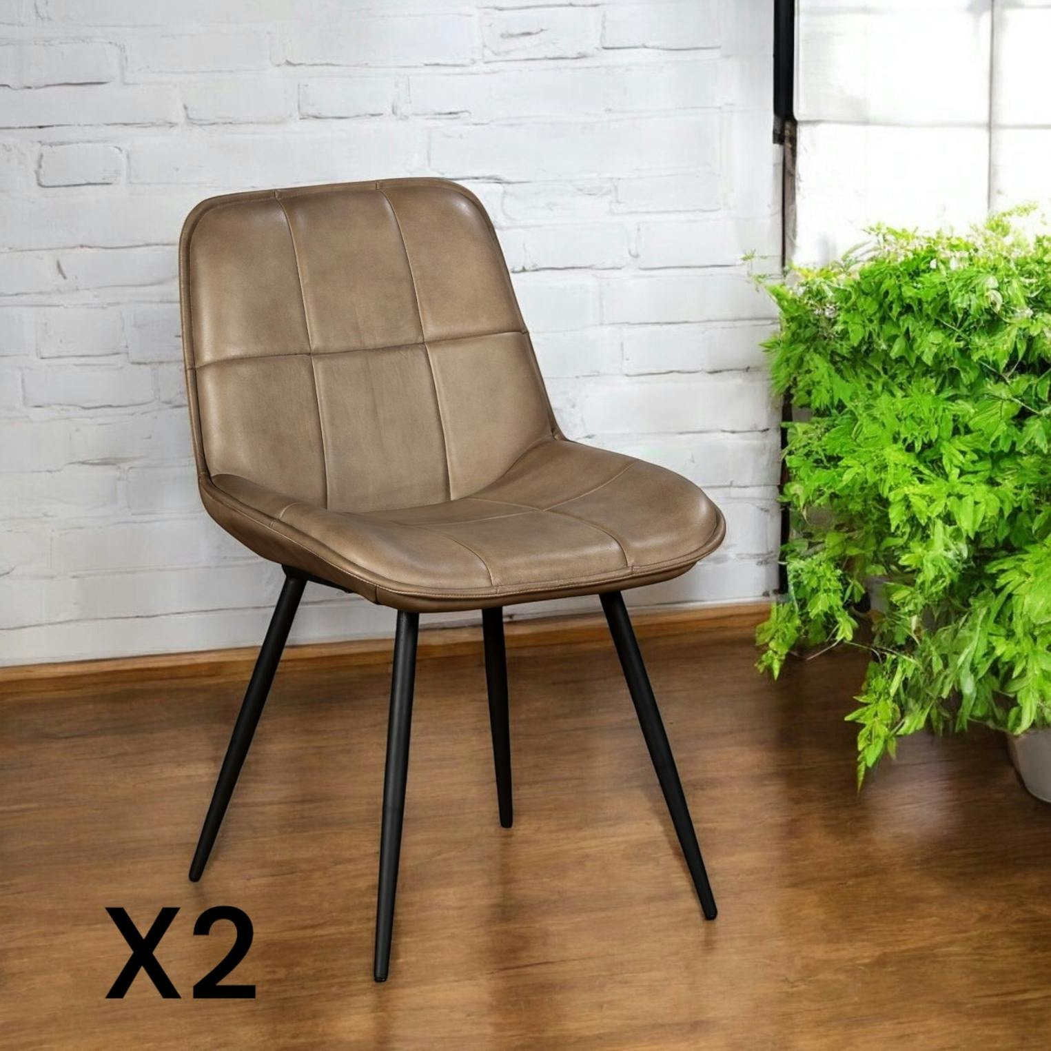 Chaise en cuir taupe motif damier (lot de 2) MASSA