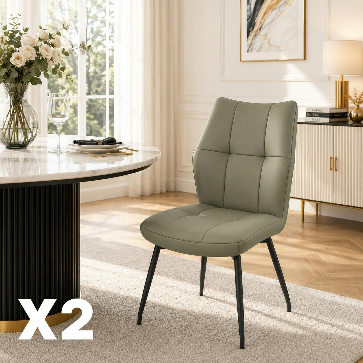 Chaise en cuir vert design damier (lot de 2) LOMBARDIE