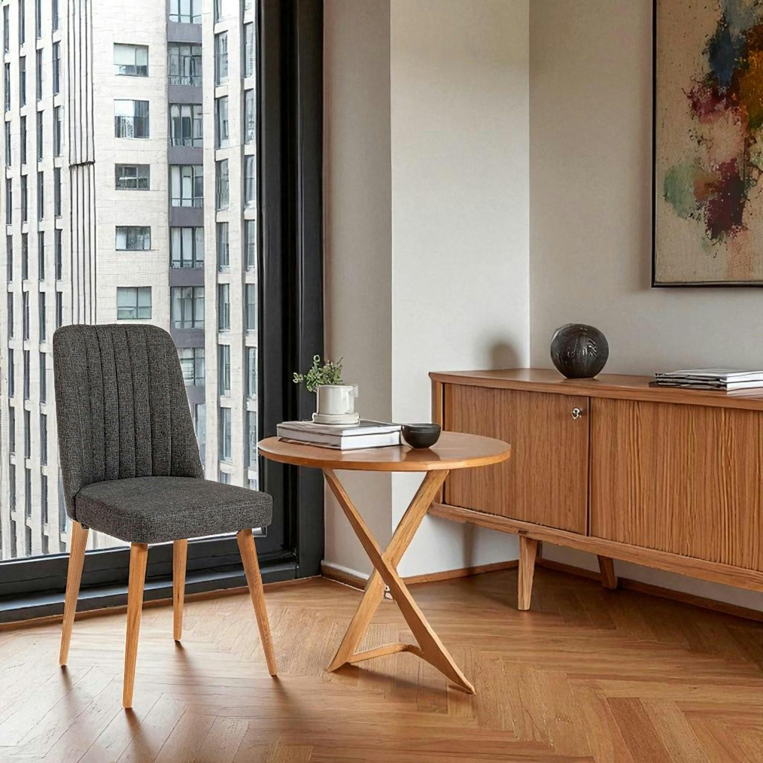 Chaise en lin gris - dossier rainuré et pieds bois ROSARIO